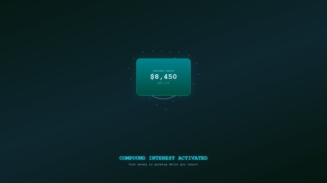 Integrating gamified financial learning into a futuristic digital interface where monetary values rapidly accumulate to illustrate the exponential power of compound interest for modern students