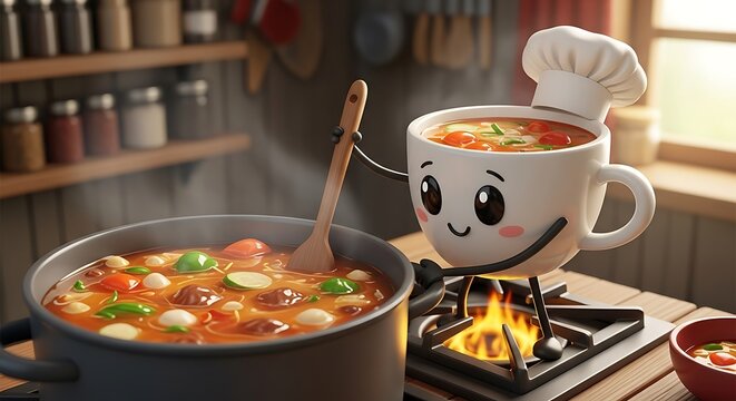 Animated cup character in chef hat stirring soup pot on a stove, cheerful kitchen scene