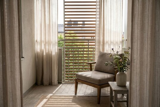 Minimalist Small Balcony with Comfortable Chair and Wildflowers in Soft Daylight, Emphasizing Personal Space and Calm