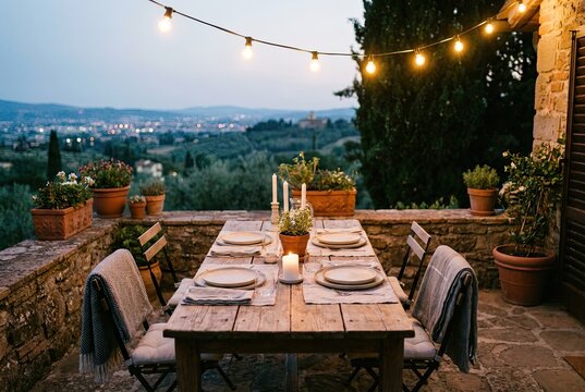 Evening Terrace Dining with String Lights and Simple Place Settings