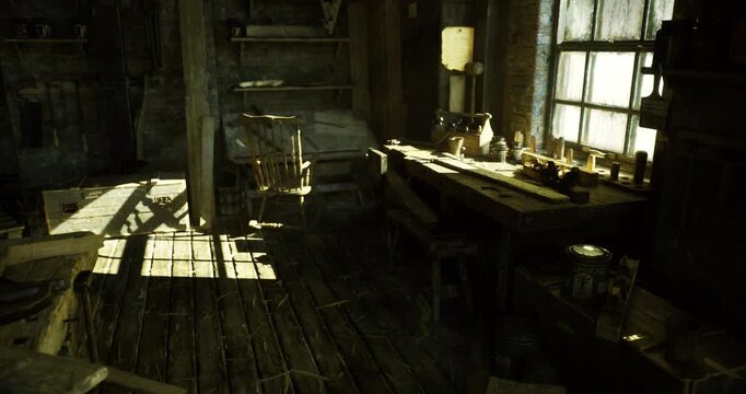 quiet vintage toolroom with soft spilled light across bench and shelves, jars and tools arranged in patient disorder, worn floorboards and muted tones evoke