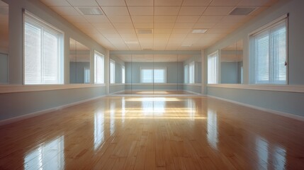 Fototapeta premium Spacious and Bright Dance Studio with Wood Floor and Large Windows for Natural Light in Modern Interior Design Setting