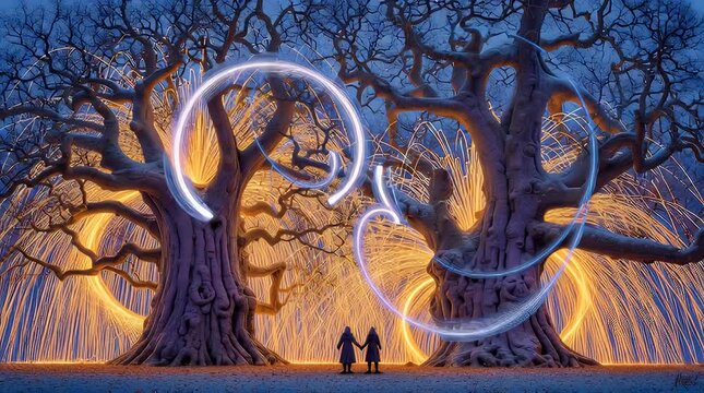 Surreal fantasy landscape featuring ancient twisted trees with glowing light trails and a couple holding hands in awe of the magical spectacle before them