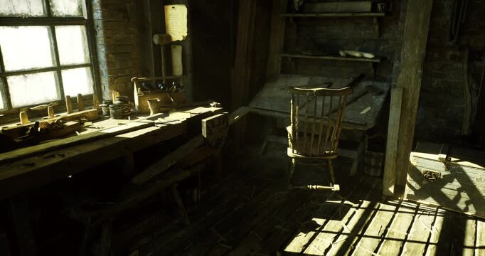 Sunlit study desk with scattered papers and ink bottle, vintage typewriter and quill on worn surface, window casting soft backlight across sepia tones, mood