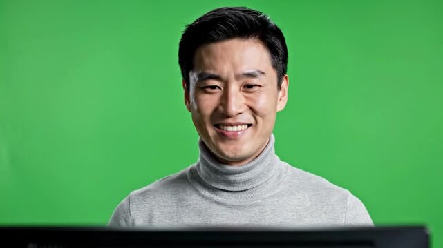 A man looks at a computer screen with a concerned expression, set against a green background.