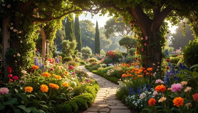 A serene garden path lined with vibrant flowers and lush greenery (1)