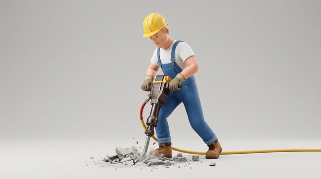 Construction worker operating a demolition hammer in a rubble area