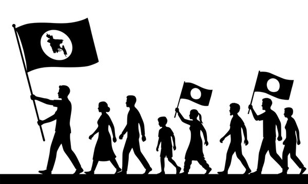Silhouette of People Marching with 1971 Bangladesh Flags, Independence Movement Concept Vector