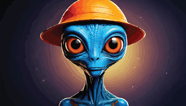 Blue Alien with Orange Eyes and Hat Staring Intensely.