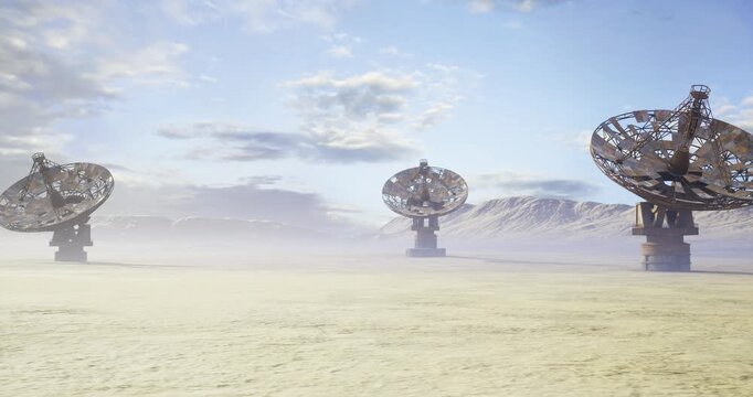 desert sunrise with satellite dish array, soft golden light, three parabolic antennas on pedestals, distant mountain ridge, thin mist hugging sand, calm