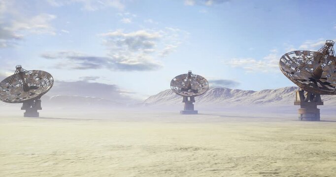 desert cool light with antenna cluster on horizon, pale blue sky, orderly arrangement of parabolic dishes, gentle gradient across sand, cinematic distance