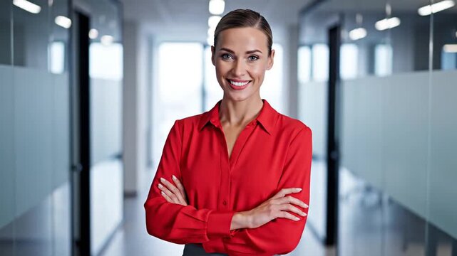 Confident woman in office hallway.