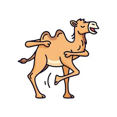 Fototapeta premium Cartoon illustration depicts a smiling camel mid-stride against a stark white backdrop. This friendly desert mammal seems to be happily walking