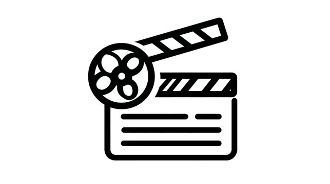 Outline icon of a film clapperboard and reel, symbolizing movie production, video content, and cinema entertainment.