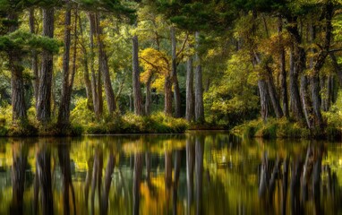 Fototapeta premium Serene Lake Surrounded by Lush Trees with Stunning Water Reflections