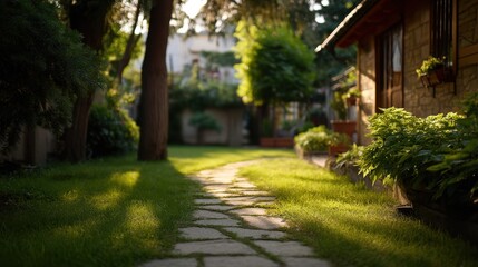 Obraz premium Tranquil Garden Pathway with Sunlight, Lush Greenery, and Charming House in the Background, Ideal for Relaxation and Nature-Inspired Themes