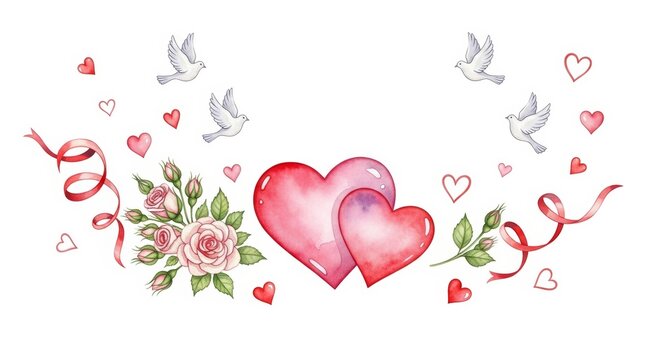 Two watercolor hearts, roses, ribbons, and doves flying. Love and romance concept for Valentine is Day, wedding, greeting card, or invitation.