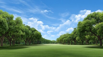 Fototapeta premium Lush Green Landscape with Vibrant Trees Under a Clear Blue Sky and Fluffy White Clouds in a Serene Nature Scene Designed for Relaxation and Peace