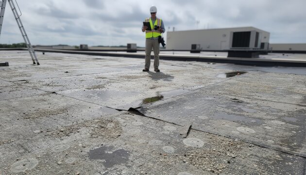 Medium shot showing an adjuster assessing hail damage on a flat commercial roof concentrated on deteriorated membrane surface ladder and building blurred in background.