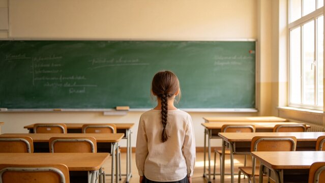 Young girl in classroom facing chalkboard