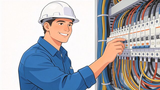 Electrician working on circuit breaker panel