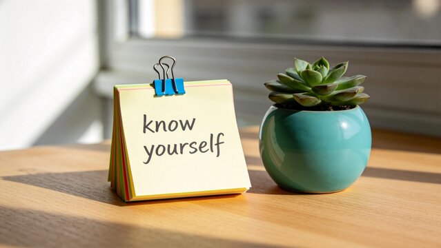 Note pad with know yourself text and plant