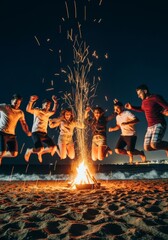 Fototapeta premium Group of young men and women jumping playfully around a beach bonfire at night. Summer holiday fun and friendship concept.