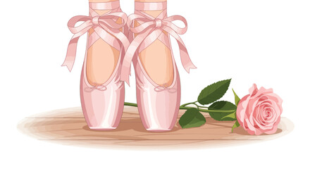 Ballet Pointe Shoes with Pink Rose on Wooden Surface © hidayati