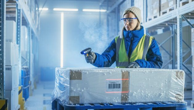 Efficient warehouse worker scanning cold chain medicine shipment photorealistic logistics environment, showcasing high fidelity and attention to
