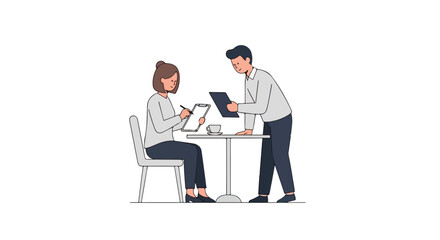 Fototapeta premium Professional office colleagues collaborate at a table with the woman writing on a clipboard and the man holding a tablet beside her.