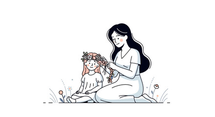 Obraz premium Vector illustration mother braids daughter's hair with a flower crown. A tender scene symbolizing maternal love, childhood joy, and family bonding