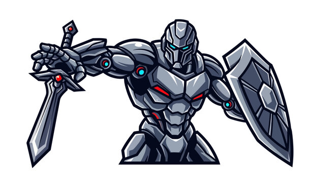 Futuristic 3d vector illustration of a black dragon head and a cyborg knight warrior in metal armor with a medieval sword isolated on scifi space background