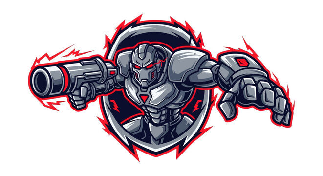 A grunge vector illustration for a tattoo design featuring a red and black skull with wings, a sword, and a robot helmet as a death symbol
