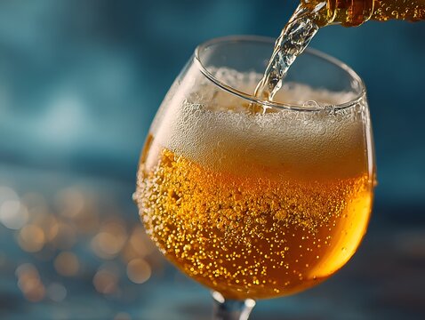 Pou light amber beer into a clear glass, creating a foamy head and showing bubbles against a blue background for refreshing enjoyment.