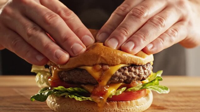 Hands assembling a delicious smash burger on a wooden table with melted cheese lettuce and tomato