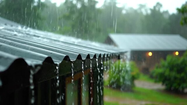 Close-up view of a dark grey corrugated metal rooftop during a rainstorm, featuring numerous raindrops and water droplets glistening on the ridged industrial surface at night.