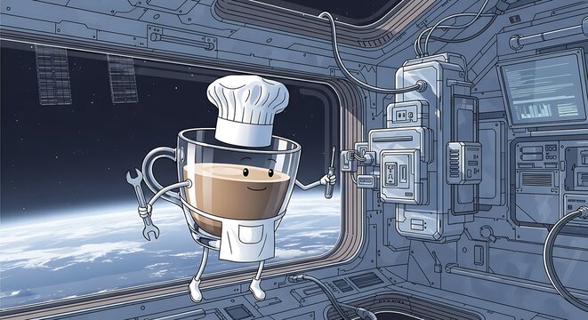 Animated cup, chef-dressed, floats in a spaceship near Earth, wearing a chef hat, wielding a wrench next to equipment