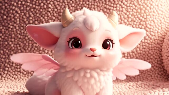 Adorable Fluffy White Baby Dragon with Pink Wings and Golden Horns.