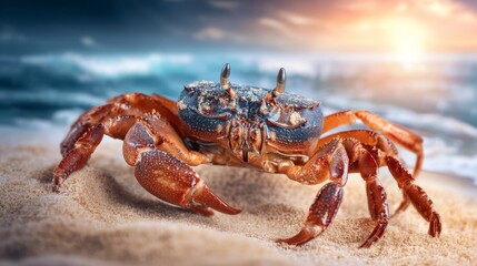 Fototapeta premium Close-Up of a Crab with Sand Grains on Its Shell at Sunset by the Ocean