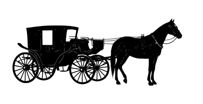 Black silhouette horse drawn carriage vector classic transport vintage buggy icon isolated design