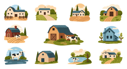 Naklejka premium Charming rural farm scenes showcasing various houses and barns, complete with cows, fields, and serene landscapes, rendered in a flat, illustrative style with a warm, inviting