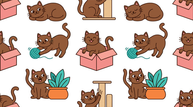 Seamless cute brown cat pattern with kittens playing yarn, sitting in boxes, scratching posts, and houseplants