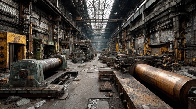 Gritty Industrial Factory Interior with Large Metalworking Machinery and Overhead Skylights