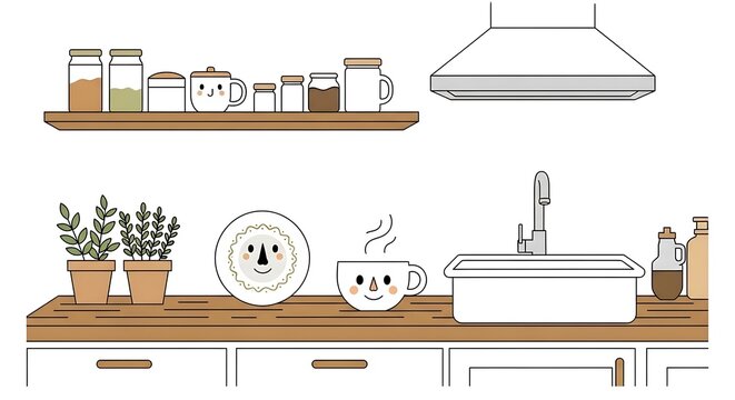 Cartoon kitchen scene, featuring a counter with sink, smiling dish & mug, shelves of jars & a range hood