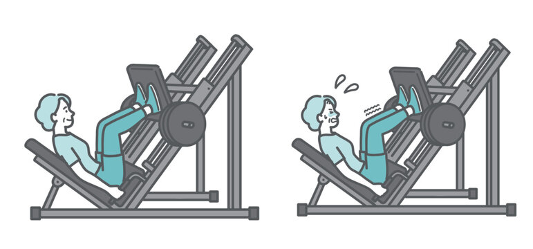 笑顔でレッグプレスをするシニア女性と、足を震わせ辛そうにレッグプレスをするシニア女性の2点比較イラスト