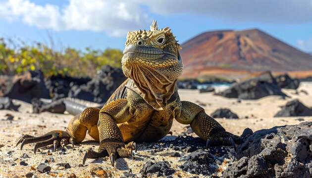 A large lizard sits on rocky terrain with a volcano in background
