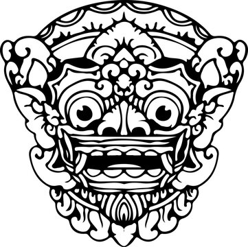Traditional Balinese Mask Illustration Set Featuring Barong and Mythical Guardian Faces with Bold Colors and Ornamental Details
