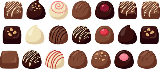 Fototapeta premium Assorted Chocolate Candy Collection with Truffles, Pralines, Cream Filled Chocolates, and Decorative Sweets in Cute Cartoon Style Vector Illustration Set