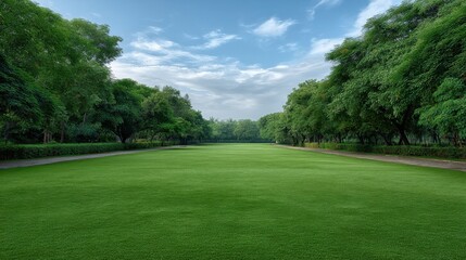Obraz premium Lush Green Landscape Featuring Expansive Grass Field Surrounded by Trees Under Clear Blue Sky in a Tranquil Outdoor Environment