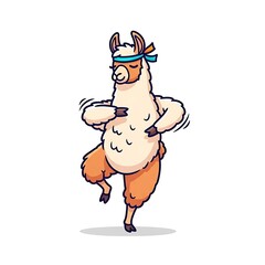 Fototapeta premium Cartoon llama balances on one leg, arms bent, wearing a headband, bright colors, vector illustration on white background